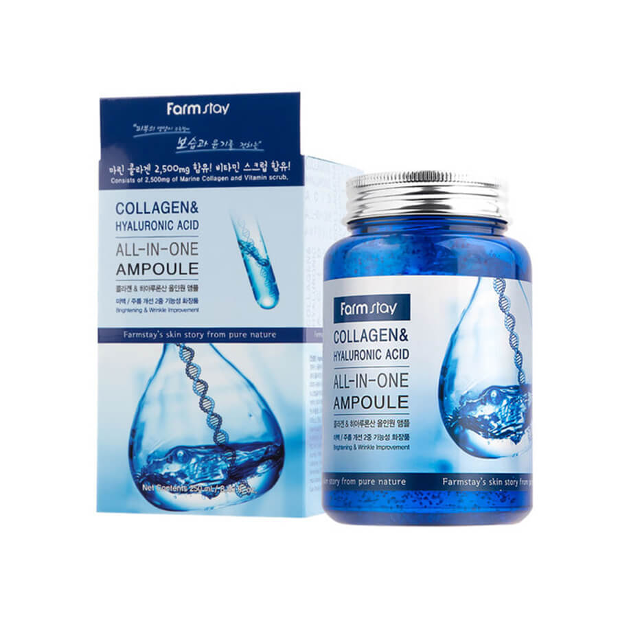 e5e1450f3d0ecbd235c69ddea8d19f47 آمپول چند کاره کلاژن و هیالورونیک اسید فارم استی (Farmstay Collagen & Hyaluronic Acid All-in-One Ampoule) - Image 1